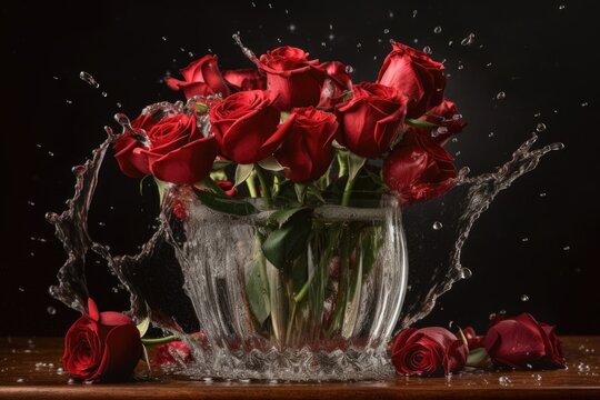 red roses in a vase, with water splashing on the petals, created with generative ai
