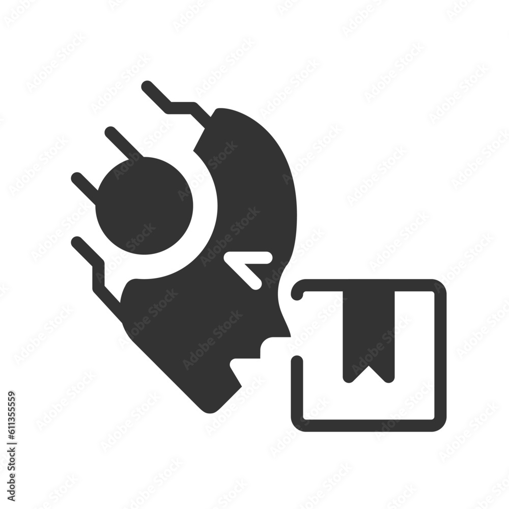 Sticker AI delivers black linear glyph icon. Autonomous robot. Ecommerce shipping. Supply automation. Food delivery. Negative space silhouette symbol. Solid pictogram. Vector isolated illustration