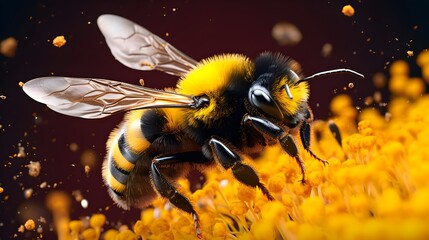 Close-Up of a Bumble Bee Amidst Yellow Flower Pollen Explosion - Generative AI