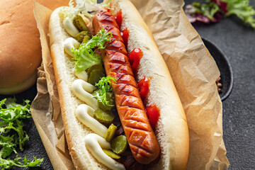hot dog fast food sandwich sausage, gherkin, ketchup, mayonnaise meal food snack on the table copy space food background rustic top view