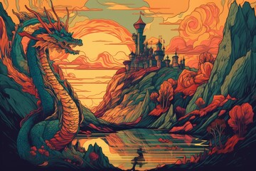 retro psychedelic poster depicting fantasy landscape with castles and dragons, created with generative ai