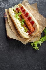 hot dog fast food sandwich sausage, gherkin, ketchup, mayonnaise meal food snack on the table copy space food background rustic top view