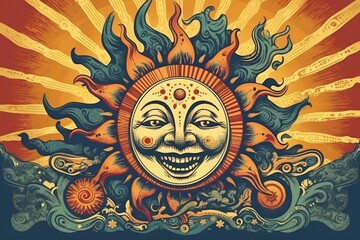 vintage psychedelic poster with retro style illustration of laughing sun, created with generative ai