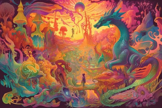 psychedelic fantasy scene, with dragons and unicorns in a magical land, created with generative ai © Alfazet Chronicles