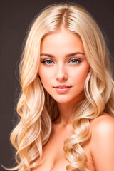 Naklejka premium Blonde girl with long and shiny wavy hair on grey background. Beautiful model with curly hairstyle. Generative AI.