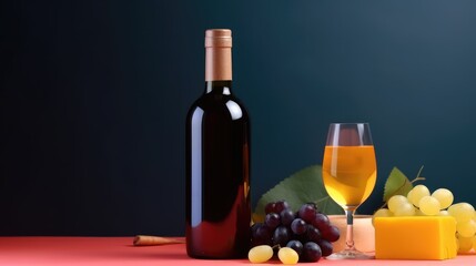 Obraz premium Bottle of wine with plate of grapes and cheese