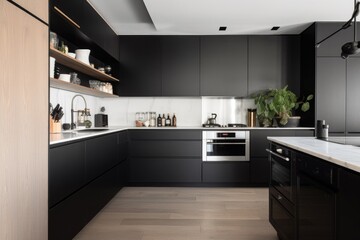 a minimalist kitchen with sleek, streamlined appliances and simple storage, created with generative ai