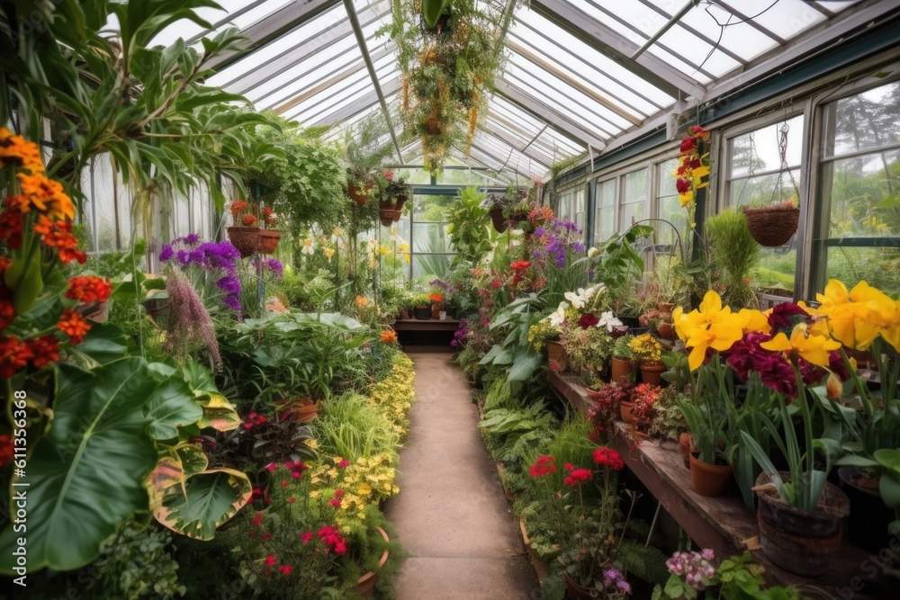 Sticker greenhouse filled with colorful, exotic plants and flowers, created with generative ai