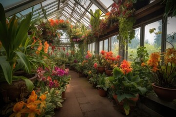 Fototapeta na wymiar greenhouse filled with colorful, exotic plants, created with generative ai