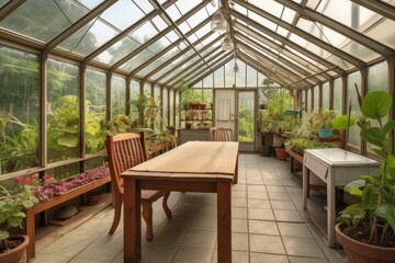 Fototapeta premium greenhouse with table and chairs for enjoying the fresh air, sun, and beauty of nature, created with generative ai