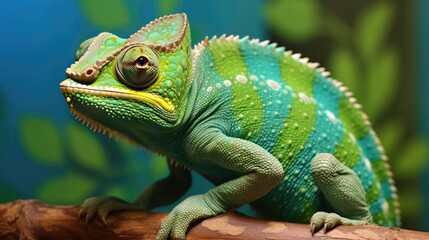 A green colored chameleon in nature. Generative Ai