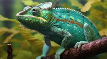 A green colored chameleon in nature. Generative Ai