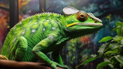 Obraz premium A green colored chameleon in nature. Generative Ai