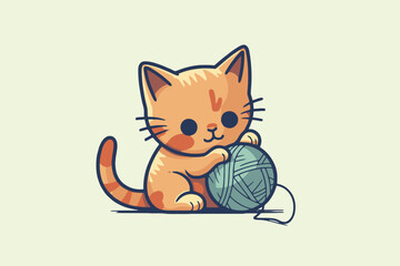 Cute kitten playing with a ball of yarn. Vector illustration.