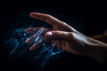 Close up of hand operating with digital lines and data, security concept. Generative AI