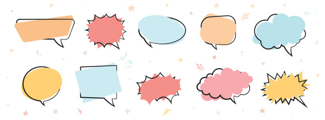 Cartoon empty retro comic style speech bubbles set in pastel colors. Hand drawn pop art, vintage speech clouds, thinking bubbles, and conversation text elements. Vector illustration - obrazy, fototapety, plakaty