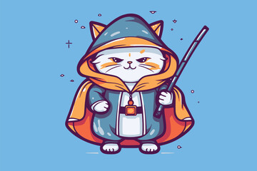 Cute cat in a hood with a fishing rod. Vector illustration.