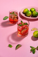 Strawberry mojito. Cocktail with rum, mint, lime and ice in a glass on a pink background. Homemade beverage.