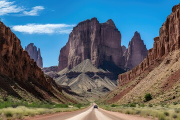 road trip through the grand canyon, with towering rock formations and steep cliffs, created with generative ai