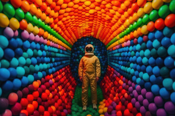Chromatic Journey: Astronaut Drifting Through a Vibrant Ball Pit. Generative AI