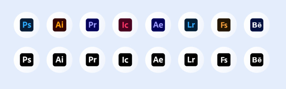 Collection of logos of popular graphics applications - Photoshop; Illustrator; Premier Pro; incopy; after effects; Lightroom; fuse; Behance. Vector icons.