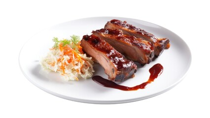 A plate of grilled pork ribs with barbecue sauce and coleslaw on White Background with copy space for your text created with generative AI technology