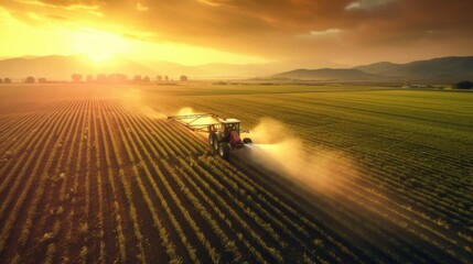Fototapeta Aerial view of Tractor Spraying Pesticides on Green Soybean Plantation at Sunset. Generative Ai obraz