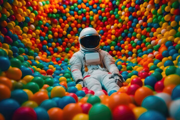Fototapeta na wymiar Otherworldly Escape: Astronaut Surrendered to a Whimsical Ball Pit. Generative AI