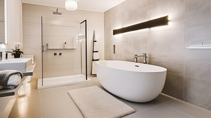 Fototapeta na wymiar A Stylish Spacious Bathroom with a White Ceramic Bathtub, Glass Shower Cabin, Heated Towel Rail, and Illuminated Elegance. Generative AI