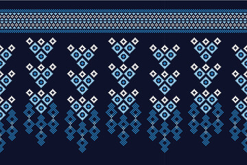 Ethnic geometric fabric pattern Cross Stitch.Ikat embroidery Ethnic oriental Pixel pattern navy blue background. Abstract,vector,illustration. Texture,clothing,scarf,decoration,motifs,silk wallpaper.
