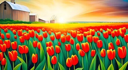 Painting of tulips garden