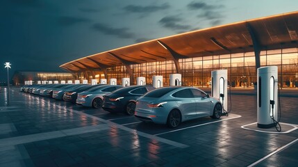 A line of electric cars charging at a public charging station. Concept car innovation. Generative A