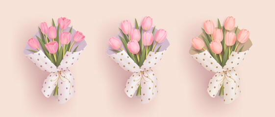 Set of realistic 3d tulips bouquet isolated on background. Vector illustration