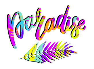 Obraz premium Paradise word lettering. T-Shirt creative design for girls in tropical style.