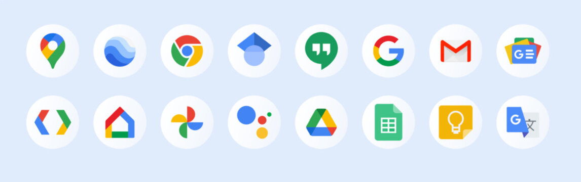 Google apps. Different styles, color, google app, google tools. Vector icons.
