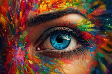 Vibrant Kaleidoscope: A Woman's Rainbow Eye. Generative AI