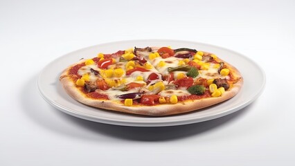 A plate of grilled vegetable pizza with mozzarella cheese and tomato sauce on White Background with copy space for your text created with generative AI technology