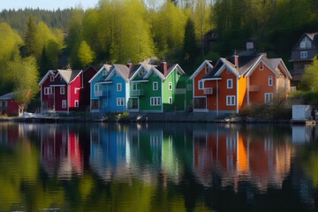 Fototapeta na wymiar Colorful Lakeshore Houses. Generative AI