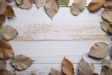 Close-Up of White Wooden Surface with Scattered Leaves, Minimal and Natural