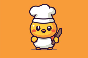 Cute chicken chef character with chef hat and knife vector illustration.