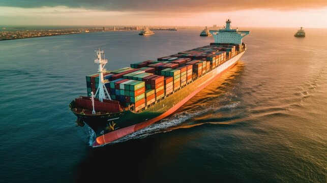 Aerial view of Container cargo ship in sea. Cargo Ship. Generative ai