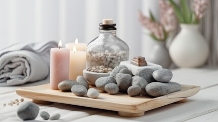 Fototapeta na wymiar Beauty treatment items for spa procedures on white wooden table. massage stones, essential oils and sea salt. Beauty spa. Generative Ai