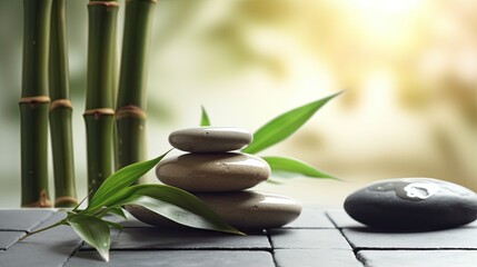 Fototapeta na wymiar Beauty spa, Bamboo and stones in a wellness spa. Beauty treatment of spa. Generative Ai