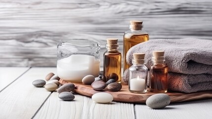 Obraz na płótnie Canvas Beauty treatment items for spa procedures on white wooden table. massage stones, essential oils and sea salt. Beauty spa. Generative Ai