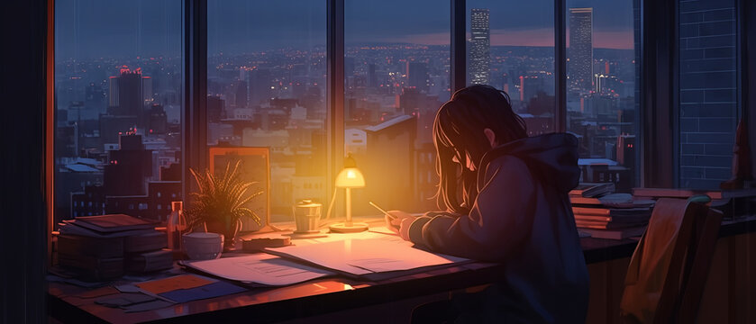 Lofi Girl Studying At Her Desk