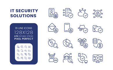 IT security solutions linear desktop icons set. Information privacy. Data protection. Pixel perfect 128x128, outline 4px. Isolated user interface elements pack for website. Editable stroke