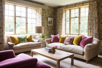 Obraz premium Cottage sitting room decor, interior design and house improvement, living room furniture, sofa and home decor in English country house style, generative ai