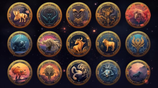 Set of magical zodiac signs in universe. concept, belief, fortune teller. Generative Ai