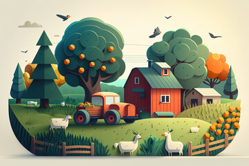 A Stylised Illustration of Life on a Farm Yard Depicting Agricultural Lifestyle for Farmers and Animal Live Stock, Including Cows, Sheep and Birds Against a Rural Background of Grass, Hills and Trees - obrazy, fototapety, plakaty