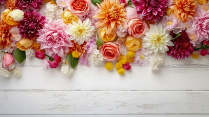 Colorful flowers blooming of frame on white wooden background. Generative Ai